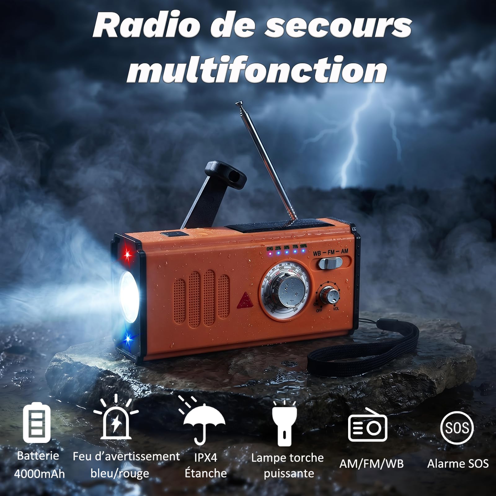 Radio Solaire d’Urgence,Radio à Manivelle avec 4000 mAh Power Bank,Charge d’Urgence USB‑C pour Smartphone，Radio Survie AM/FM/WB avec Lampe Torche LED et Alarme SOS – pour Camping Randonnée,Orange