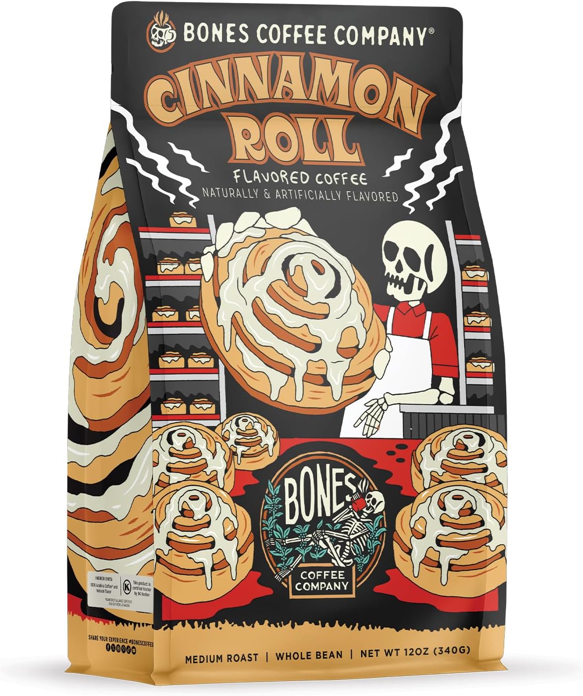 Bones Coffee Company Cinnamon Roll Flavored Coffee, Medium Roast Low Acid Arabica Beans Compatible with Auto drip and French Press Coffee Maker, 12 Oz Whole Bean
