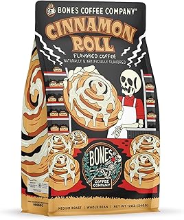 Bones Coffee Company Cinnamon Roll Flavored Coffee, Medium Roast Low Acid Arabica Beans Compatible with Auto drip and French Press Coffee Maker, 12 Oz Whole Bean