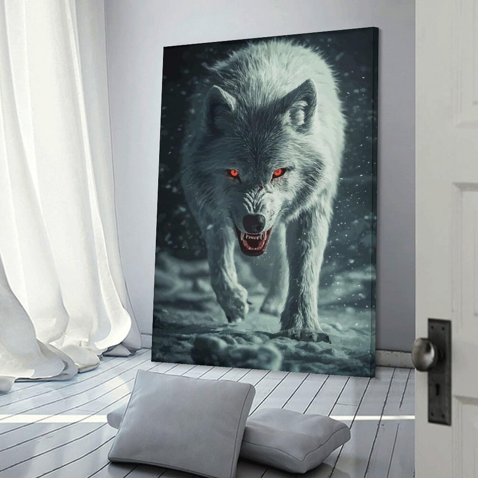 Junmoney Frame-Style-21 White Wolf With Red Eyes Home Decor Wall Art 20X30inch(50X75cm), For Gallery Wall Layouts In Home Or Office, A Versatile Canvas Print For Layering