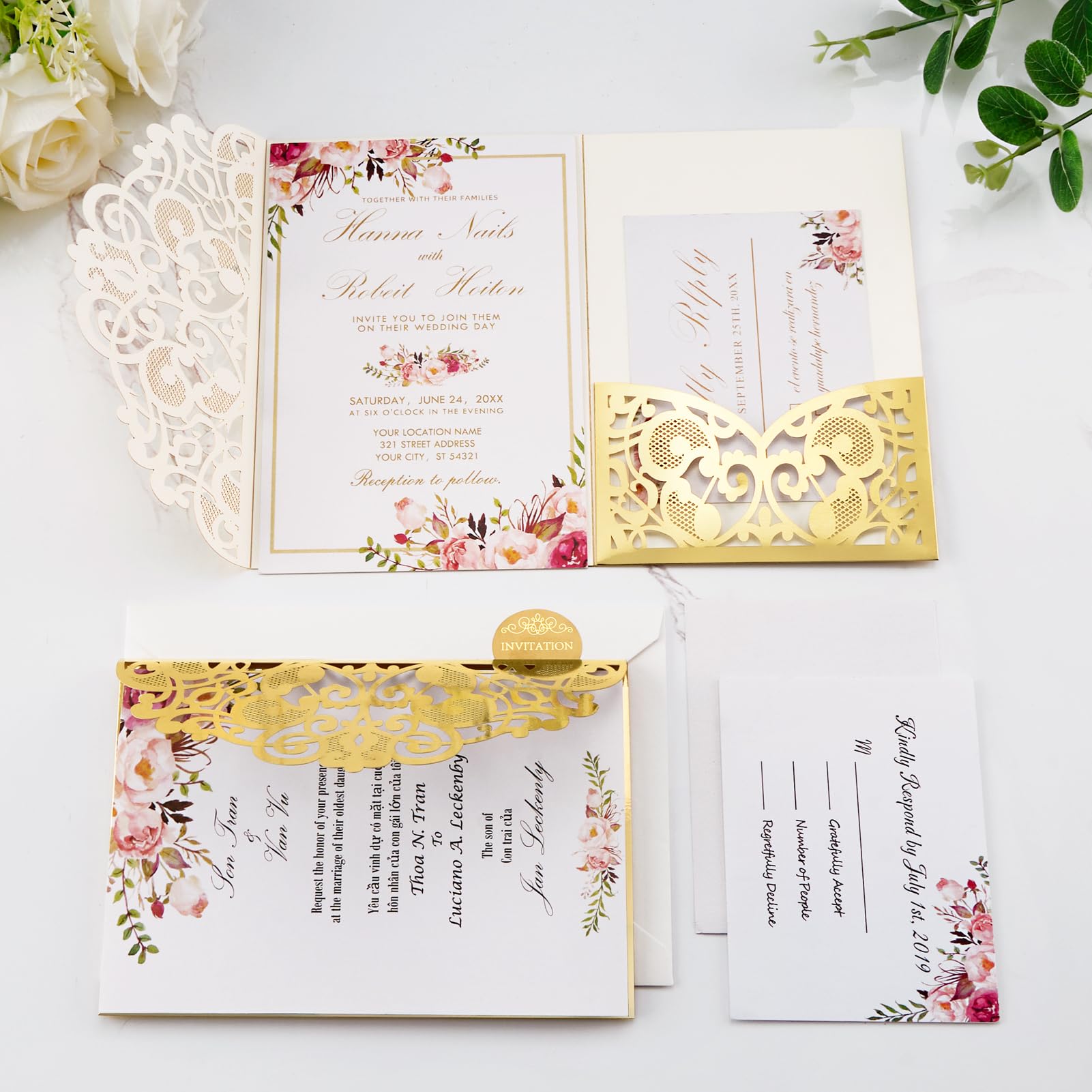 Einladungskarten für Hochzeit, Verlobung, 50. Jahrestag, Geburtstag, Einladungshüllen, goldfarben, für Hochzeit, Verlobung, 50. Hochzeitstag, Party-Einladungen, 50 Sets