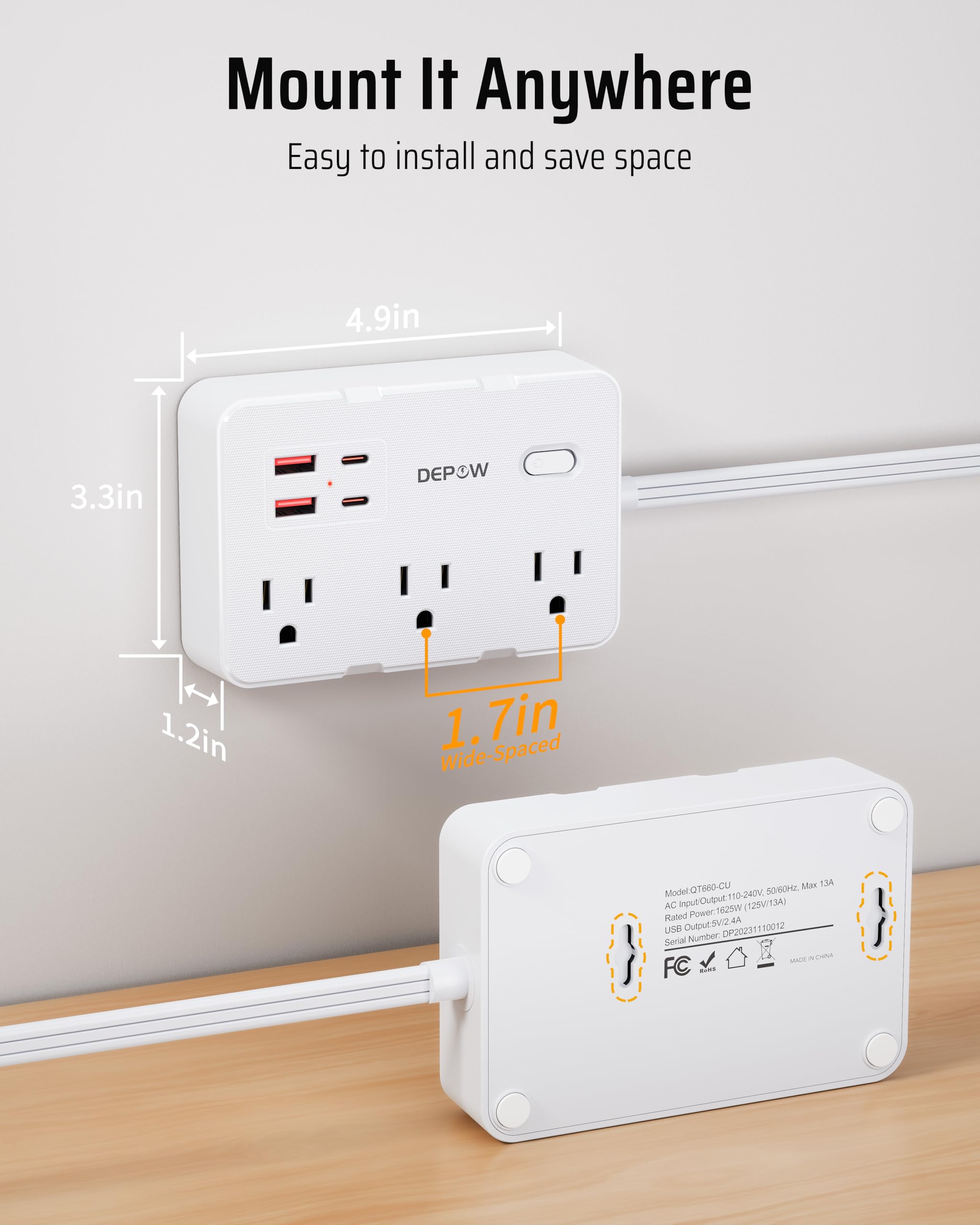 Steckdosenleiste mit 6 AC Steckdosen und 4 USB-A Ports, 45° abgewinkelte Steckdose Ladestation mit Netzschalter, 3 m Verlängerungskabel für Kreuzfahrten, Schlafzimmer,