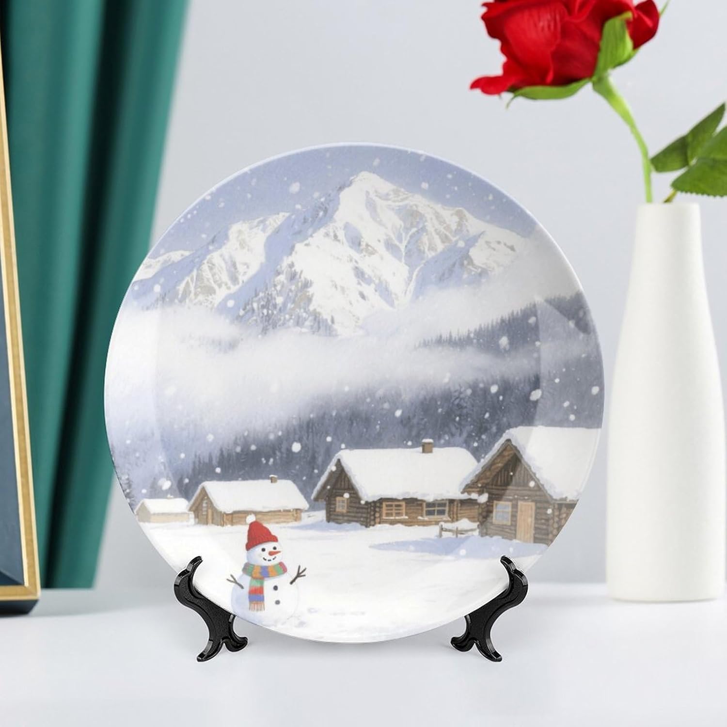 Bone China Decorative Plates Snowy Mountain in Winter Ceramic Decorative Plate Wall Decor with Display Stand Ceramic Ornaments for Wall Hanging Decoration