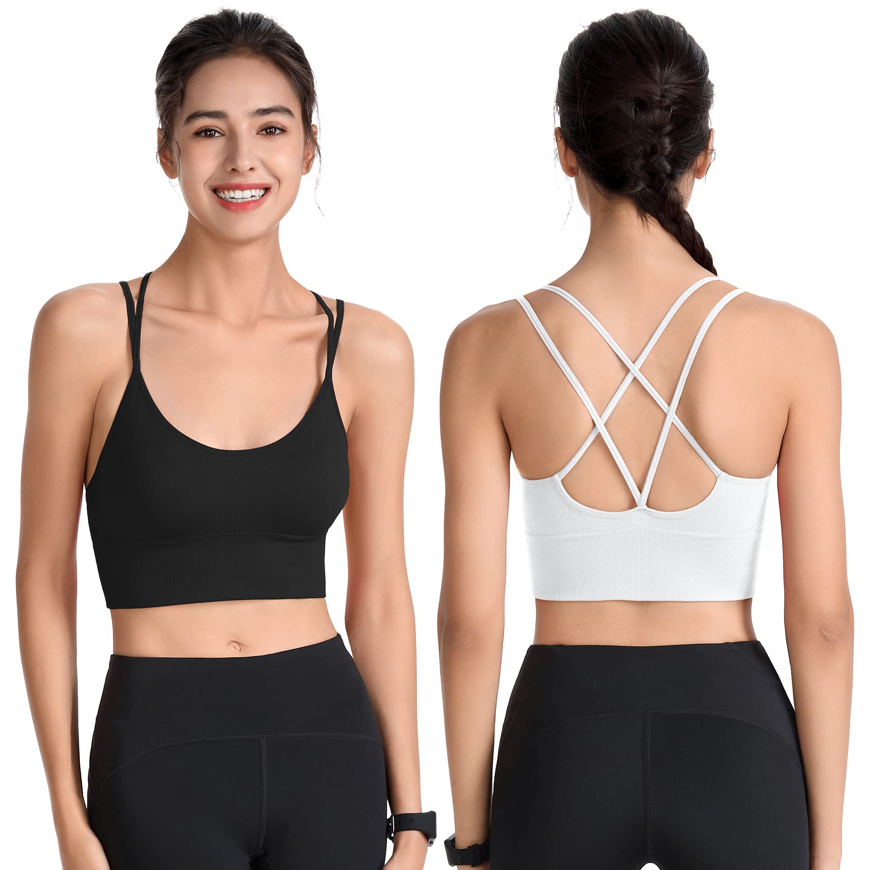 Sujetadores deportivos acolchados para mujer, tirantes cruzados, para yoga, entrenamiento, fitness, correr, gimnasio, parte superior de bajo impacto, Paquete de 4 negro, blanco, azul, morado, X-Large