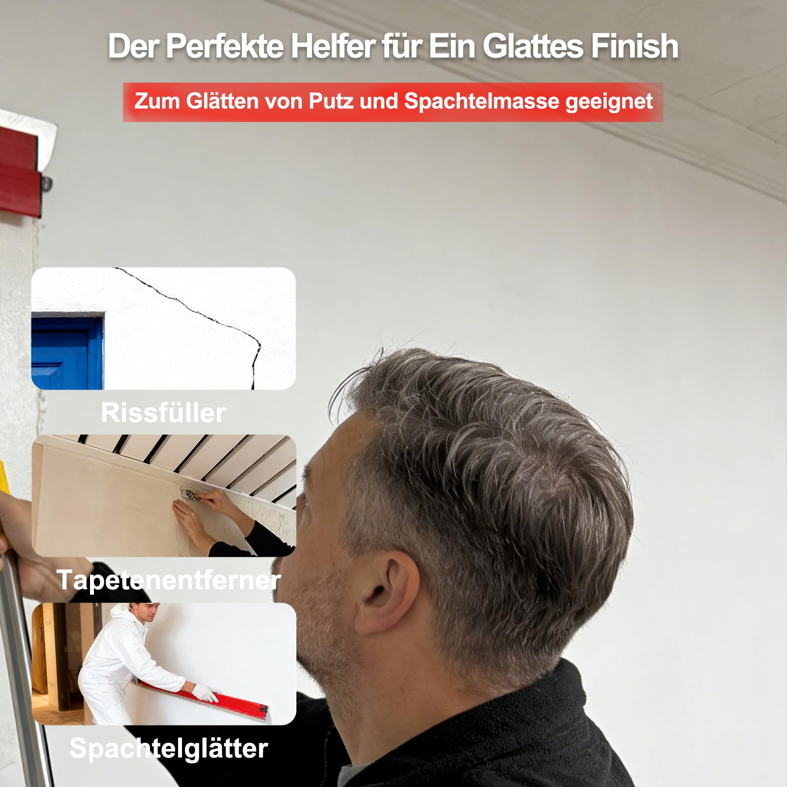 [10 PCS] Flächenspachtel Set Profi, 80 cm / 60 cm / 40 cm / 25 cm, Spachtel Set Werkzeug mit 0,3 & 0,5 mm Edelstahlklingen und 1,2 m Teleskopstange für Trockenbaubearbeitung Gipskartonplatten