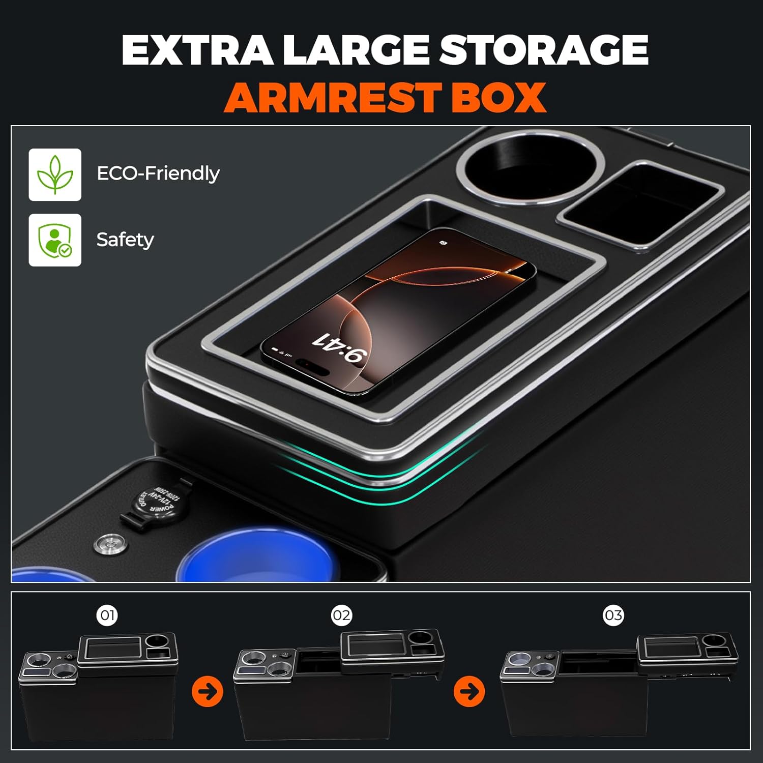 Center Console Between Seat Organizer for Minivans,SUVs,with Dual USB charging at the front and back,ambient lighting and drawers for Minivan&SUVs, Middle Van Floor Console Organizer Storage Box Black