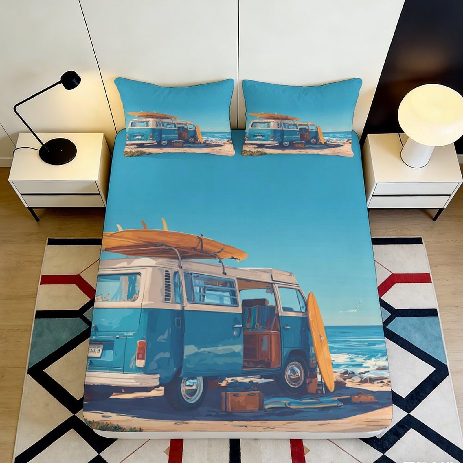 3D Printed Vintage Camper Fitted Sheet Microfiber Soft Durable Surfboard Bed Cover for Bedroom Dormitory Guest Room Mattress Protection 120x200x25cm
