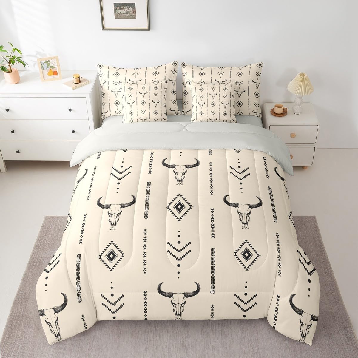 Geometric Western 7 Piece Comforter Set Full Bed In A Bag,Southwestern Bull Skull Bedding Sets for Teens Women Men,Cream Southwest Cow Skull Comforter And Sheets,Tribal Ethnic Horns Bed Set