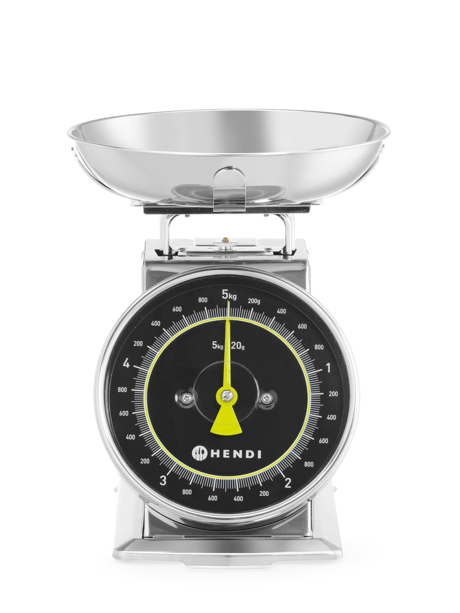HENDI Báscula mecánica de cocina, Pesa con esfera analógica, Balanza con función tara manual, Capacidad 5kg, Graduación 20g, 207x231x(H)254mm, Acero inoxidable