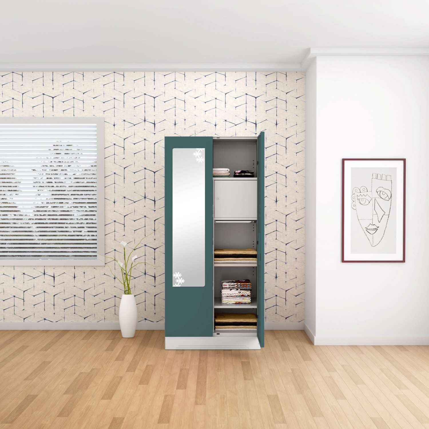 GODREJ INTERIO Almirah Slimline 2-Door Steel Almirah, Cupboard for Clothes (Textured Sea Pine), 1-Year Warranty, 4 Shelves, 1 Drawer, 1 Locker, Star Design Mirror-image-16