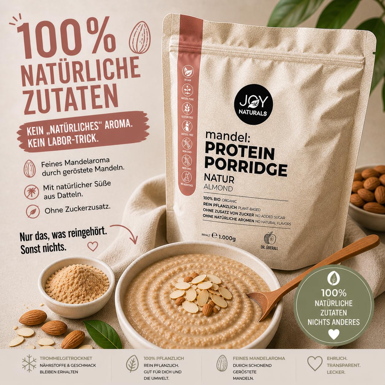 JOY NATURALS Mandel Protein Porridge NATUR Bio 1000g – Veganes Frühstück mit hohem Eiweißgehalt, Ohne Zuckerzusatz, Glutenfrei, Pflanzliches Protein