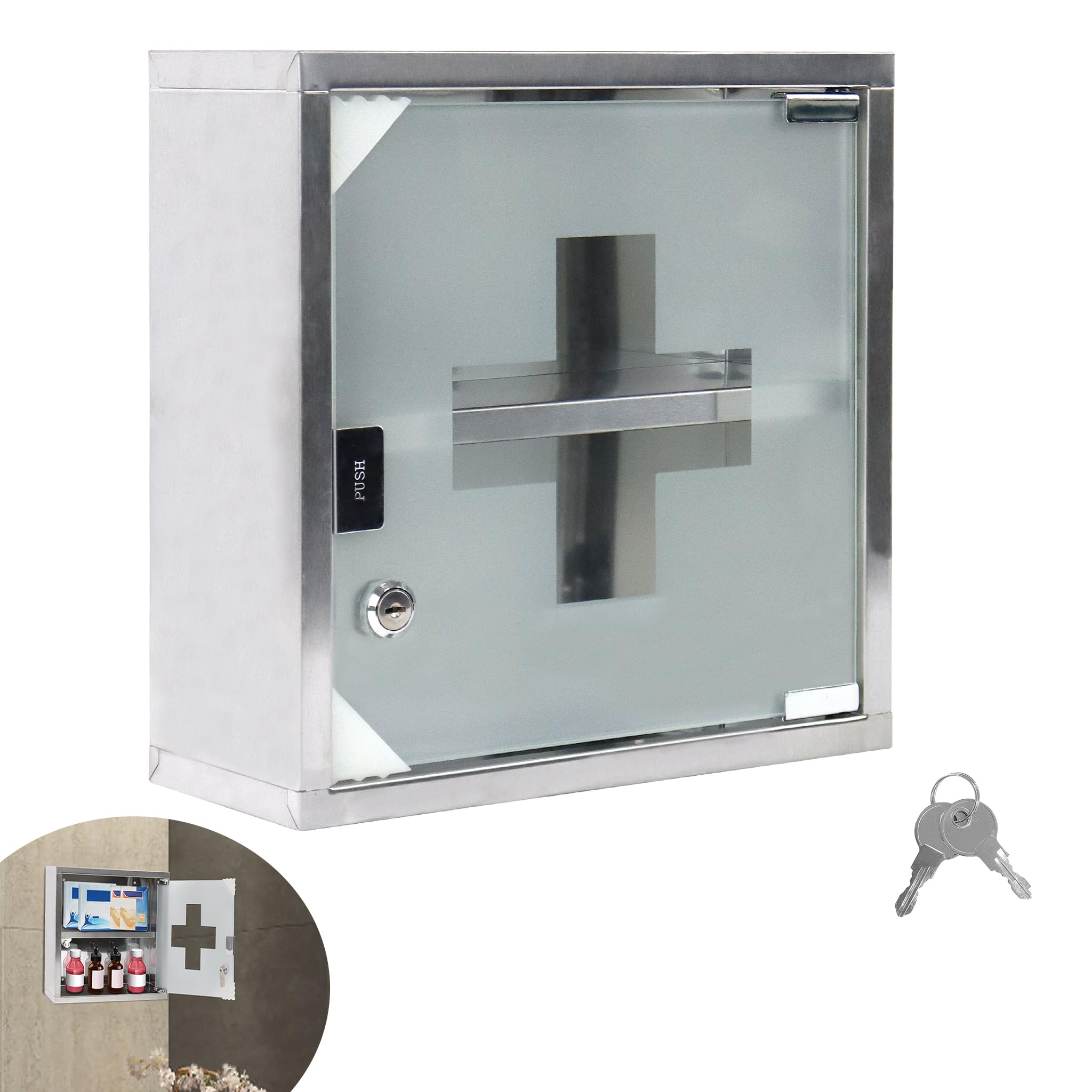 YRHome Medizinschrank aus Edelstahl 4 Fächer mit Glas Tür und Schloss abschließbar Arzneischrank Medikamentenschrank Erste Hilfe Schrank Hausapotheke Schrank 57,5 x 30 x 12 cm