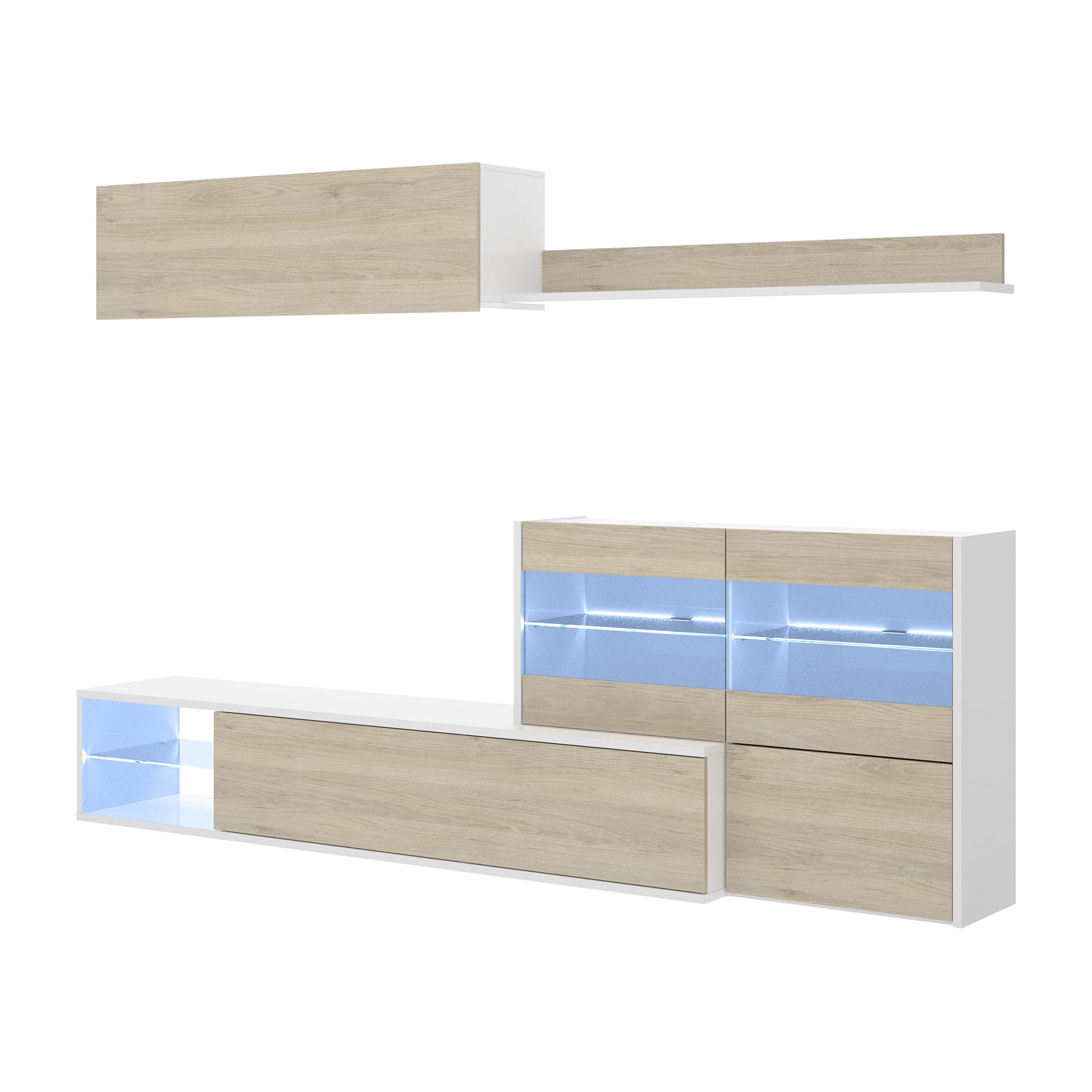 DEKIT GRUPO RIMOBEL Composición de salón TV con luz LED, Blanco Brillo / Natural, 180x260x41 cm, UMA