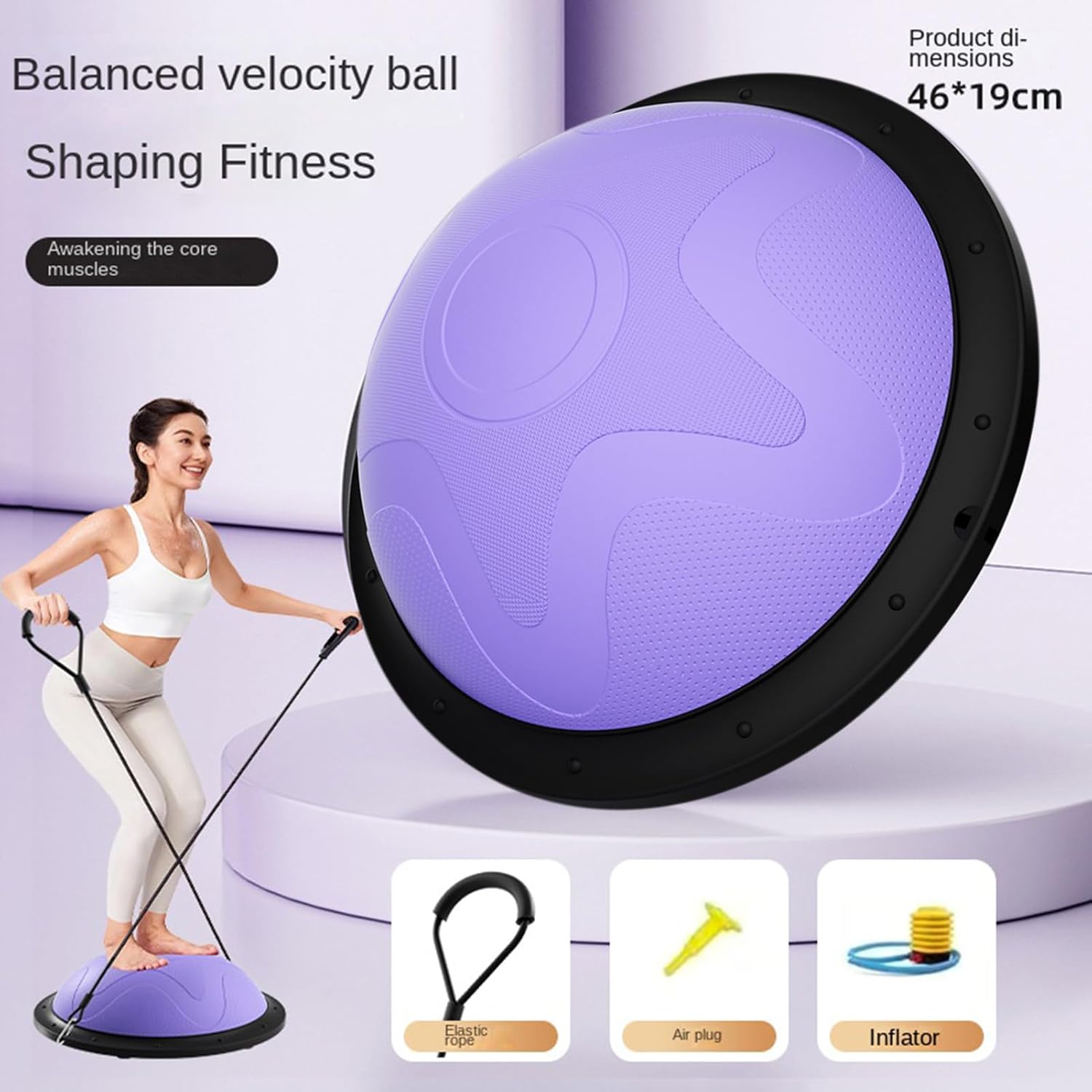Half Balance Ball Trainer, Half Stability Training Equipment, Balance Strengthen Ball, 46x19cm, Core Muscle Training, Anti-Slip, Foldable Design, with Elastic Cord and Air Pump for Women Yoga Gym