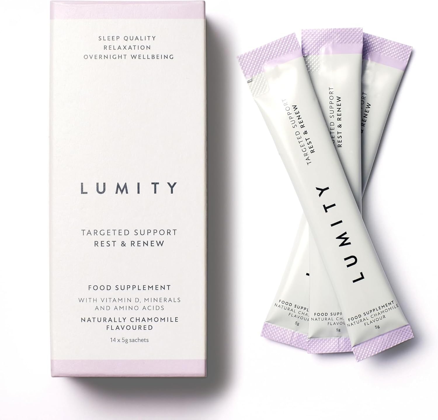 Lumity Rest & Renew Magnesium for Sleep, Magnesium Glycinate, Bisglycinate & Glycine Supplements with L Theanine, Amino Acids & Chamomile for Relaxation & Sleep Quality for Sleep Aid (14 5g Sachets)