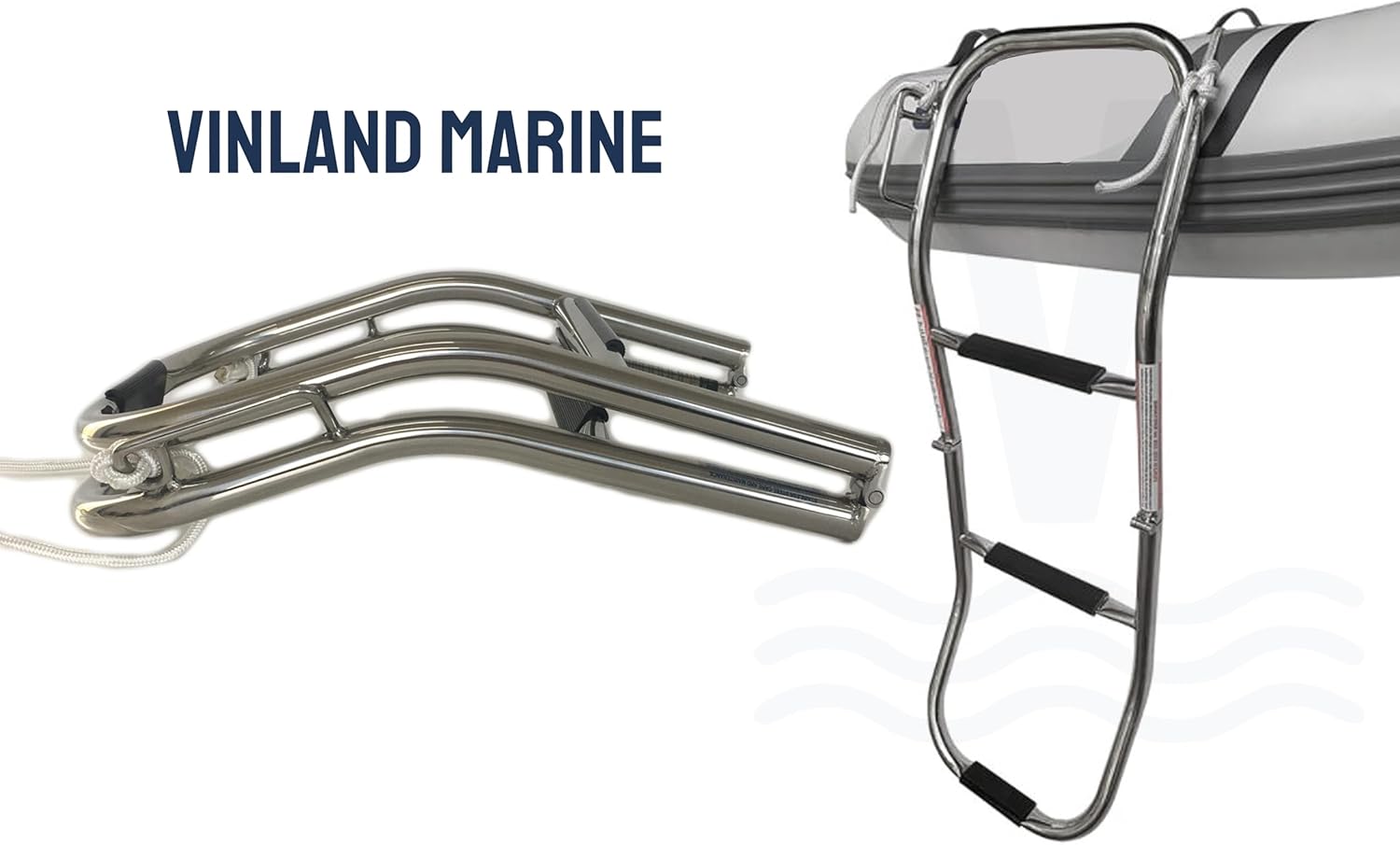 Vinland Marine 3 Step Inflatable Boat Ladder, 304 Stainless Steel, 300 lbs Capacity, for Inflatable Dinghy, Pontoon Boat, Rope Ladder Alternative, with 6' Rope Lanyard and Spring-Loaded Carabiner