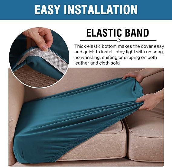 BellaHills Velvet Stretch Sofa Seat Cushion Covers - Modular Cushion Covers Furniture Protector - Elastic Bottom (3 Pieces, Deep Teal)