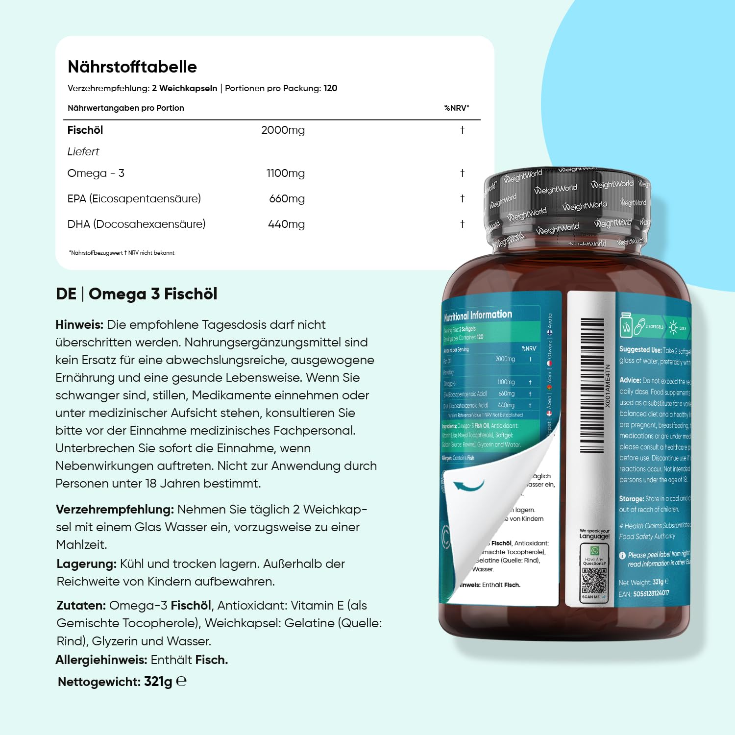 Omega 3 Weichkapseln + Creatin Monohydrat Tabletten + Magnesium Komplex 4 in 1 Kapseln - Gemäß GMP - Frei von Gluten & Gentechnik - WeightWorld