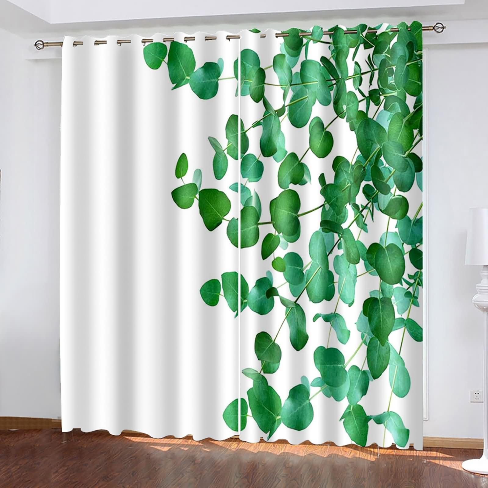 Tenda ad Occhielli Moderna,2 x 96W x 160H CM,Tende Oscuranti per Cameretta 2 Pannelli Motivo di Rami e Foglie Tenda Oscurante Verde Bianco