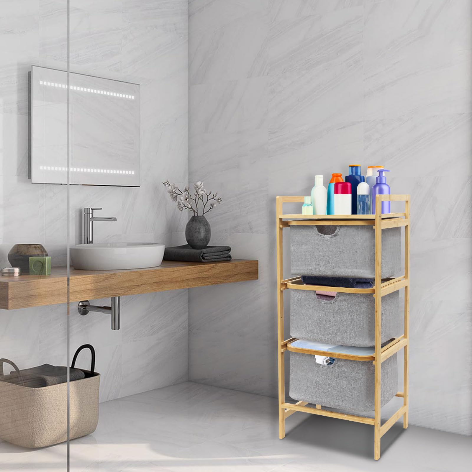 Étagère en bambou - Panier à linge à 3 compartiments - Panier à linge vertical - 44 x 33 x 96 cm - Organiseur de linge avec paniers à linge - Pour salle de bain et chambre à coucher