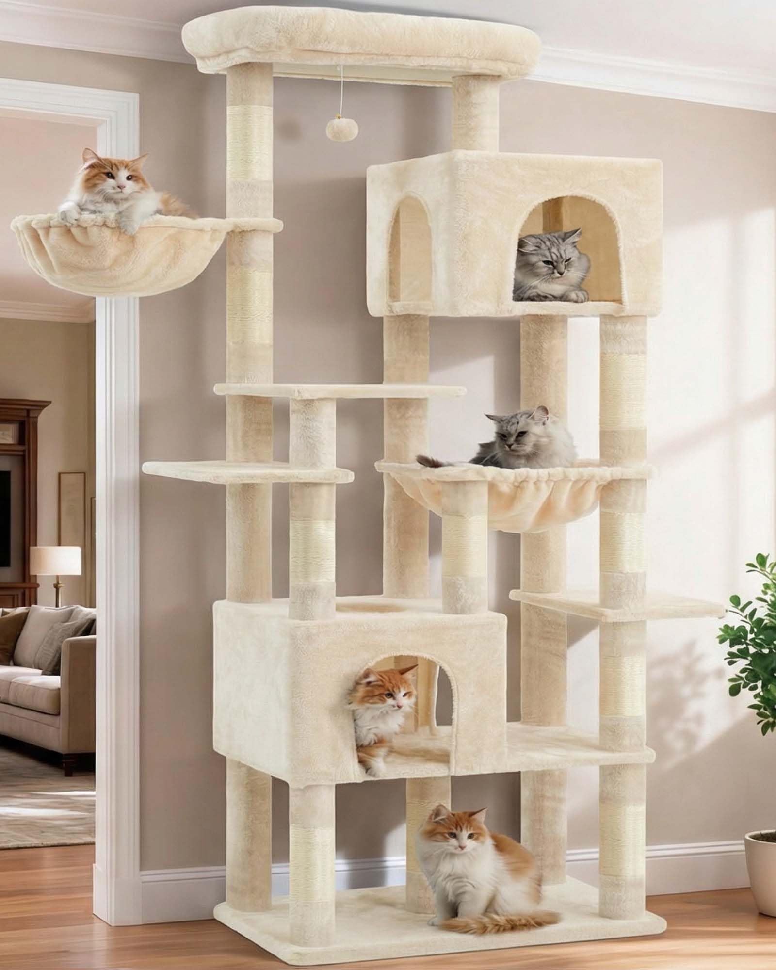 Heybly Arbre à Chat XXL 193cm, Base Extra Large, Tour Lourde avec 10 Poteaux en Sisal et 2 Hamacs pour Chats, 2 Niches Design, Mobilier et Couchage pour Chats Géants, Beige HCT039M