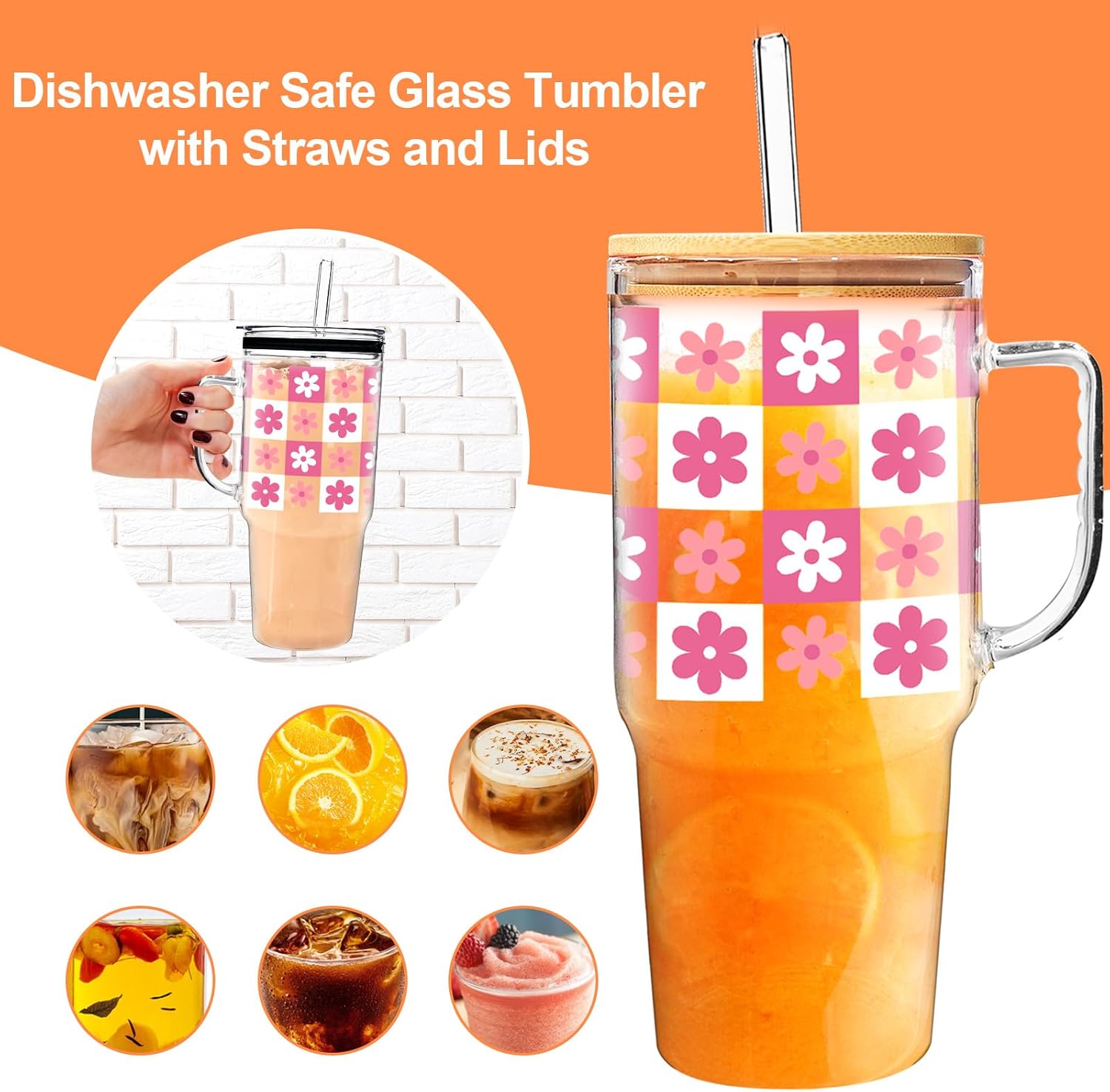 Cute Flower Glass Tumbler with 2 Lids and 2 Straws, 40oz Glass Cup with Handle for Girls, Valentines Gifts Car Accessories for Women - Image 7