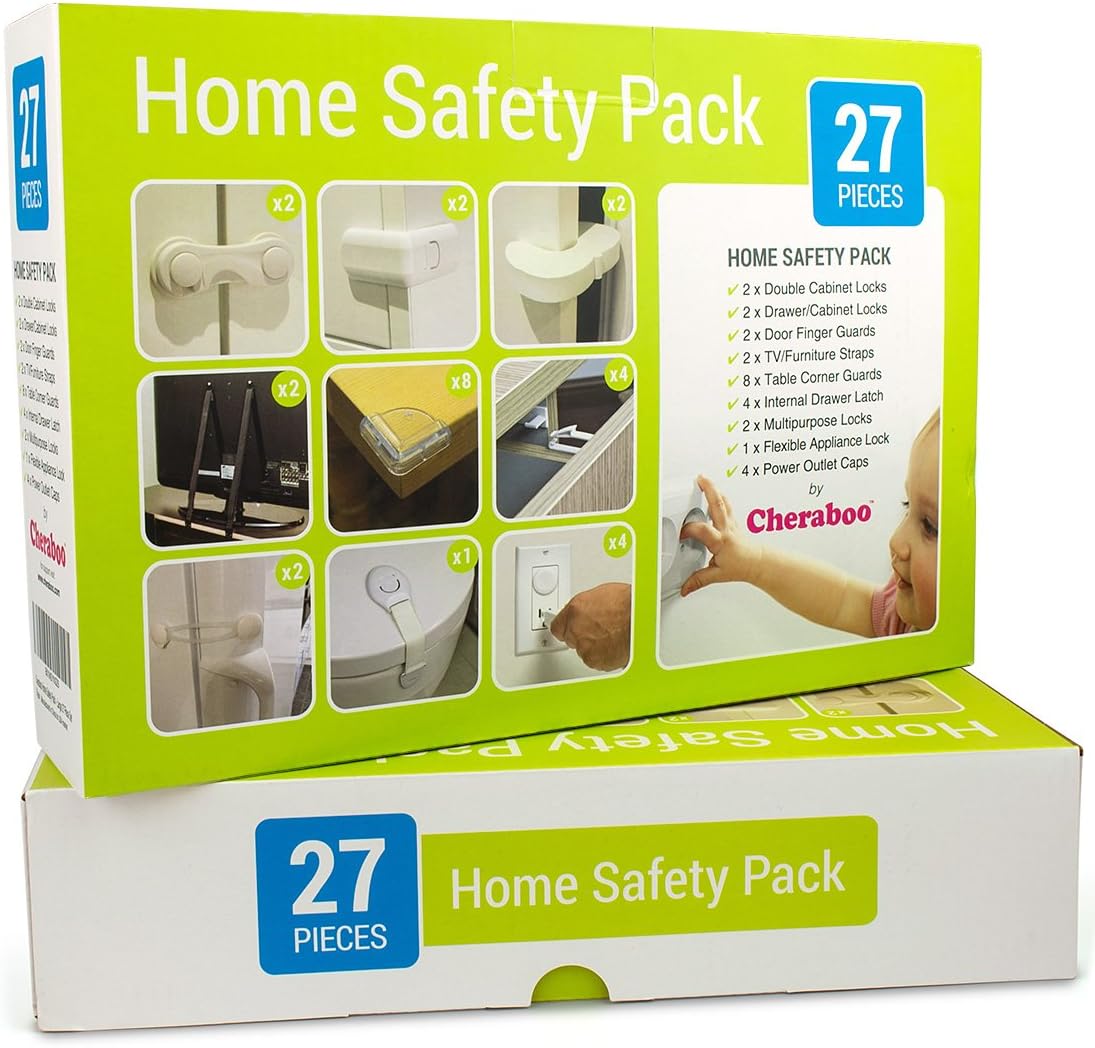 Cheraboo Toddler Home Safety Kit - Best Child Protection Pack for Kitchen Cupboard Locks, Corner Guards & Anti Tip TV/Furniture Straps - Large 27 Piece Baby Proofing Set.