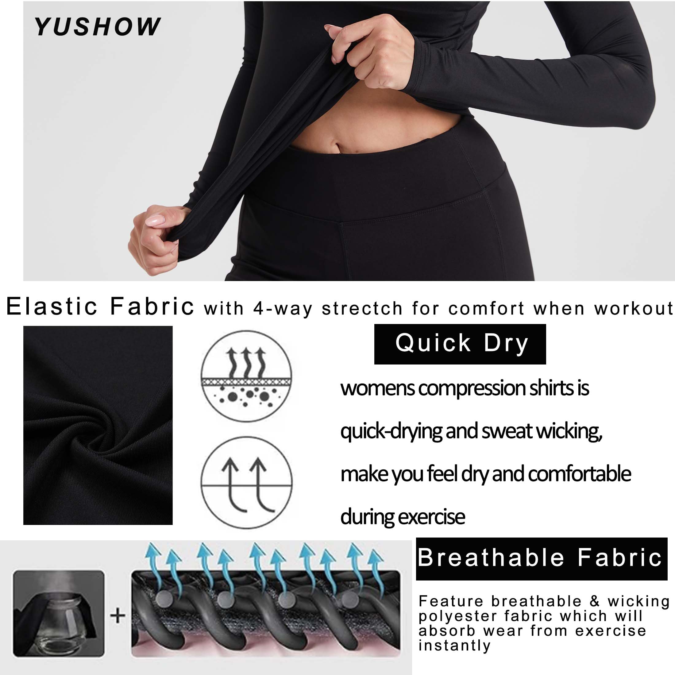 YUSHOW Pack de 3 camisetas de compresión para mujer, de manga larga, funcionales, deportivas, para correr, gimnasio, correr