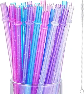 50 Pieces Reusable Drinking Straws Colorful Plastic Straws Clear Glitter Unbreakable Drinking Straws with Cleaning Brush for Home Party Supplies, 6 Colors (9 Inch)