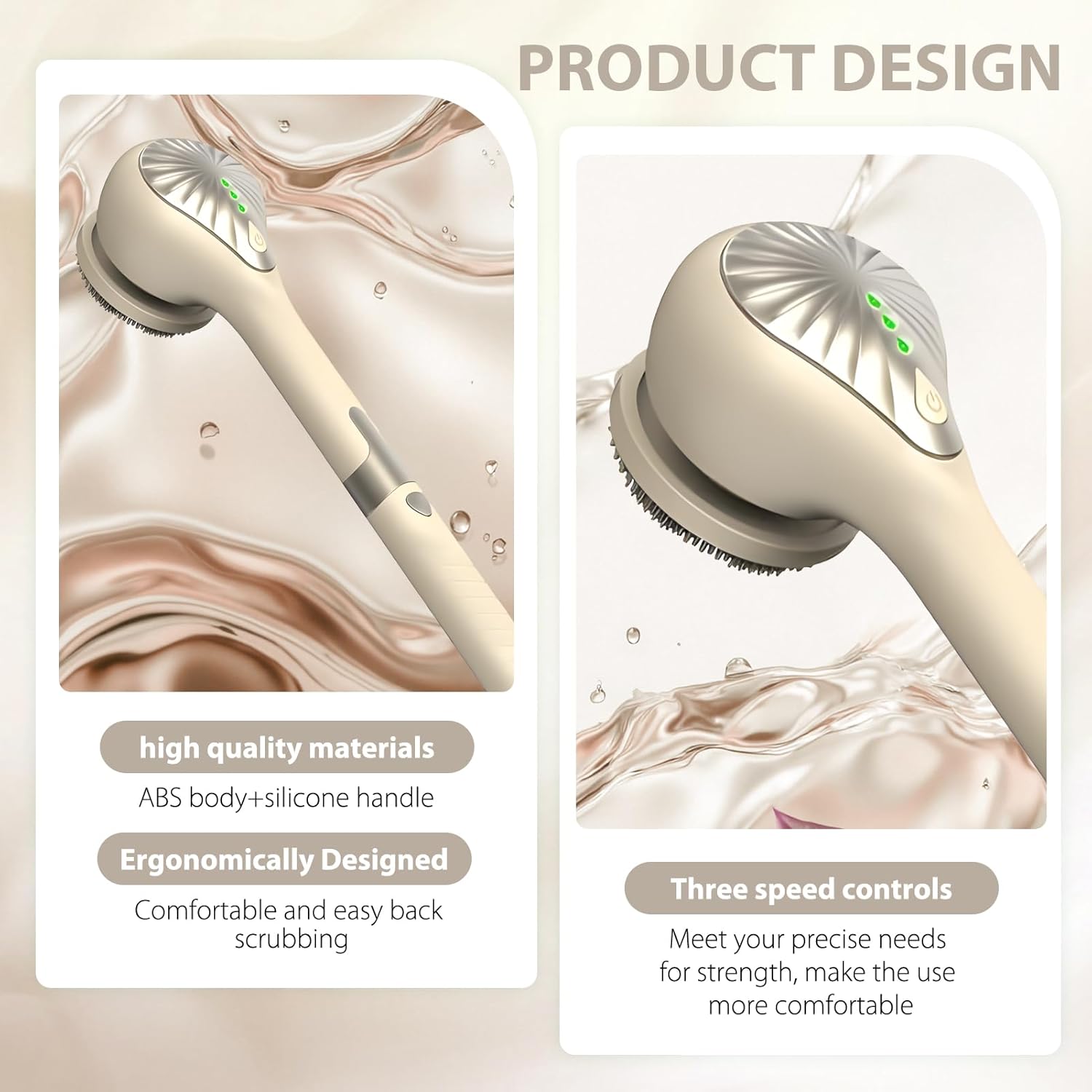 Electric Body Brush Back Scrubber for Shower, Waterproof Long Handle Power Body Scrubber with 6 Heads, Rechargeable Bath Brush & 3 Speeds, for Cleansing, Exfoliating and Massaging Skin (Yellow) - Image 4