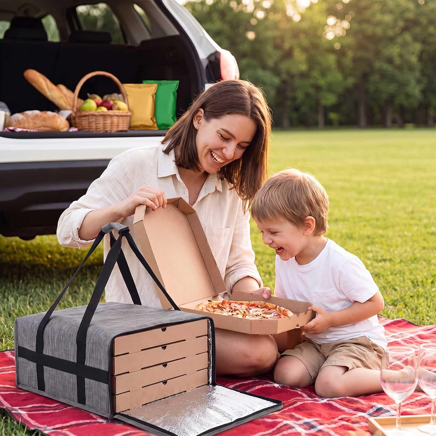Insulated Pizza Delivery Bag, 20" x 20" x 8" Extra Large Thermal Food Carrier, 400d Oxford Warmer Bag with Thick Insulation, for Hours, Pizza Carrier for Takeout, Picnic, Parties, Grey