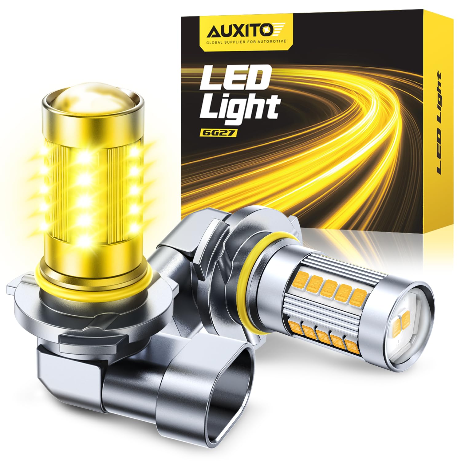 AUXITO 9006/HB4 Yellow LED Fog Light Bulbs, 13000LM 3000K Amber, 1:1 Mini Size Plug &amp; Play, 27 CSP Chips 360° Illumination, IP68 Waterproof, Pack of 2