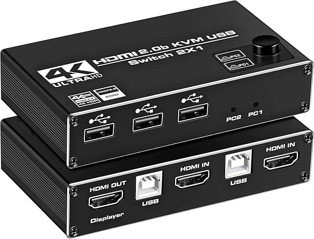 KVM Switch, USB Switch 2 Computers 4K 60HZ KVM Switch HDMI 2 Port 2 PC 1 Monitor Switch with 2 USB Cables, Support Wireless Keyboard and Mouse