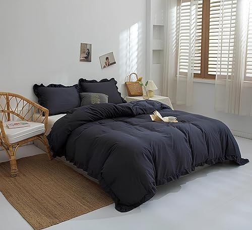 INDACORIFY Juego de funda de edredón de algodón con volantes, color azul oscuro, funda de edredón con volantes, tamaño King, color verde, regalo de