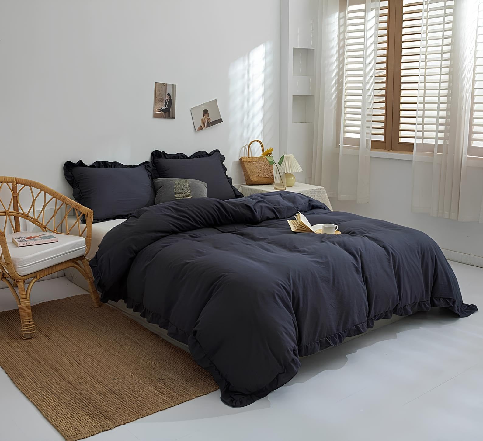 Juego de funda de edredón con volantes de algodón para cama Twin XL en azul oscuro