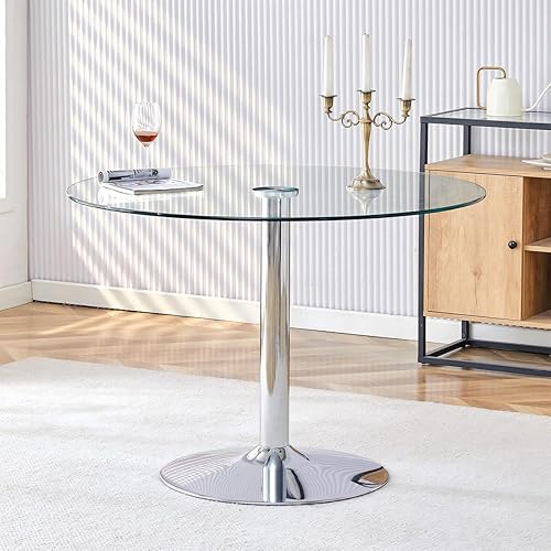 Miniatura 8 de Mesa de comedor de cristal de 40 pulgadas, mesa de comedor redonda con vidrio templado de 0.3 pulgadas y patas de metal cromado, fácil de limpiar,