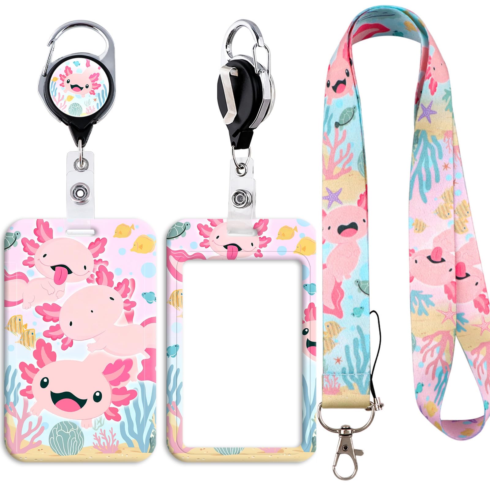 Cute Lanyard with Card Holder Vertical ID Badge Card Sleeve with Retractable Reel Clip for Nurse Teacher Office Staff Work Cruising, Cartoon Giant Salamander