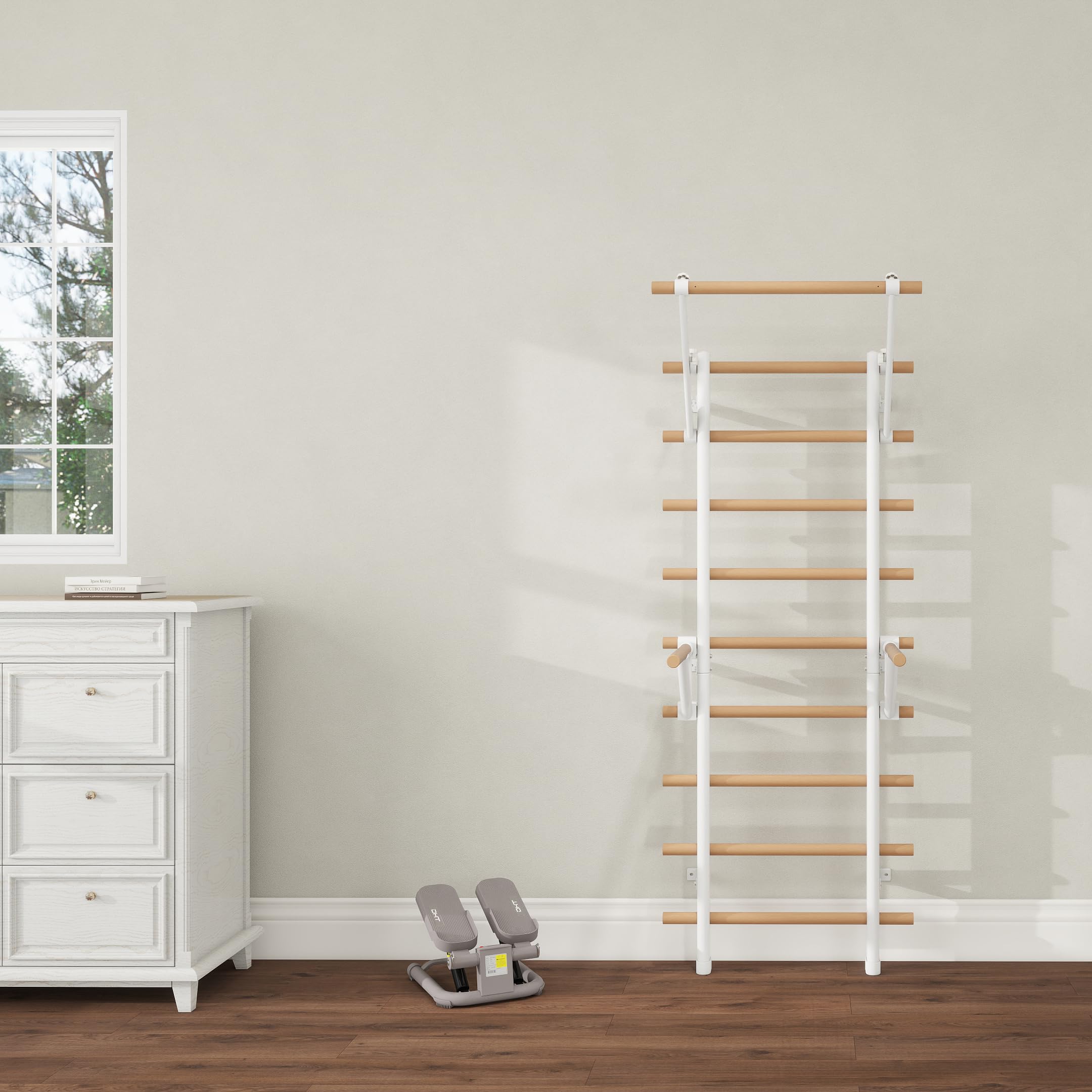 DHT Wood Stall Bar, Swedish Ladder Suspension Trainer with 9 Strategic Rods, for Home, Gym, School and Clinics, White