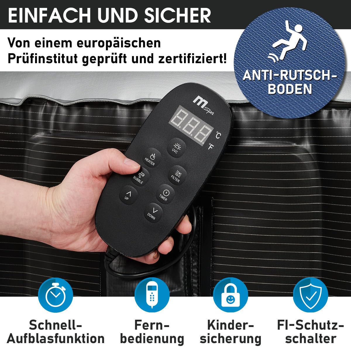 BRAST Whirlpool aufblasbar MSpa Starry mit LED Beleuchtung für 6 Personen Ø204x70cm In- Outdoor Pool 138 Massagedüsen Energiespar-Timer Heizung Bubble Wellness Massage