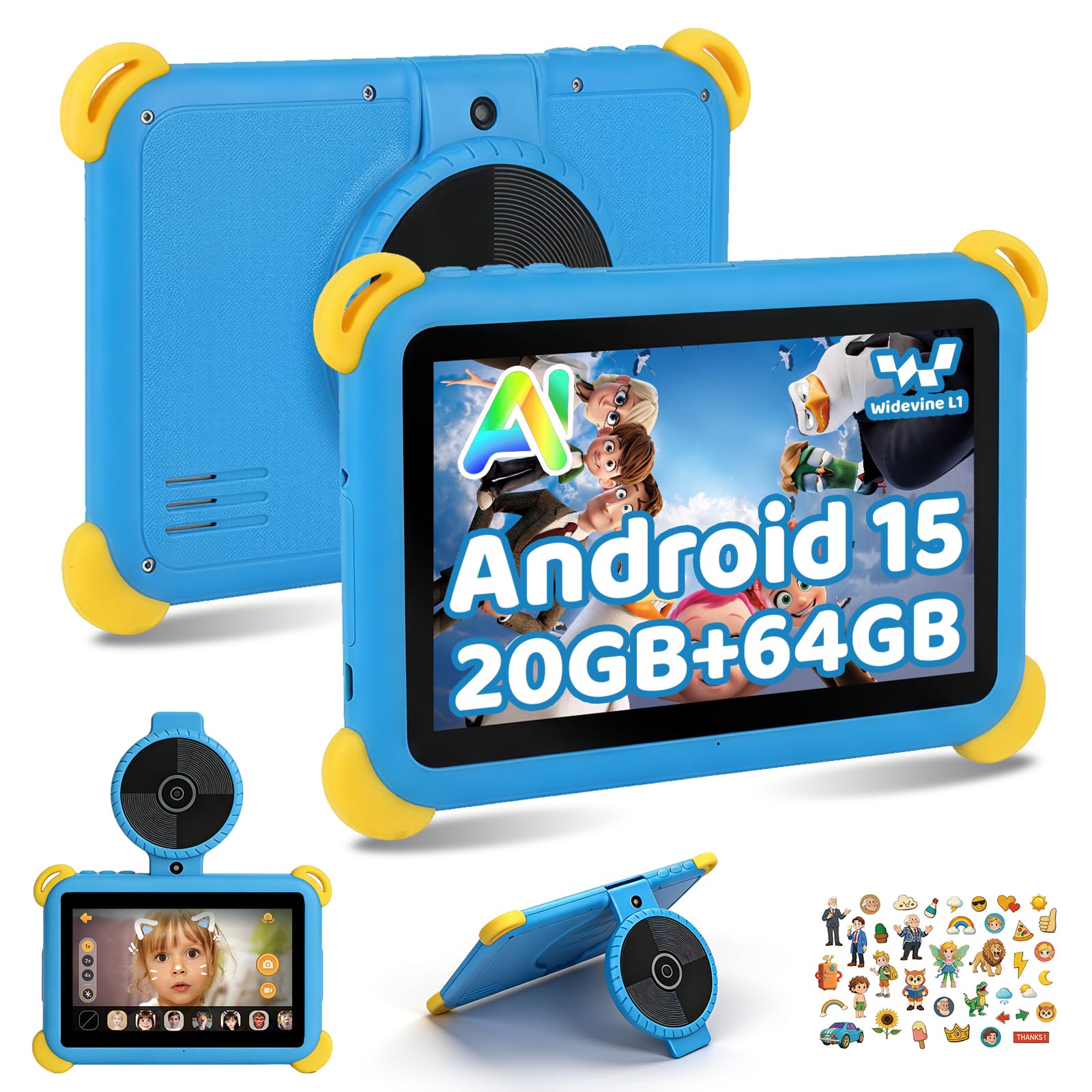 Kids Tablet 7 inch Android 15 Tablet for Kids, 20GB+64GB (TF 1TB), Android Tablet with Parental Control, AI Dual Cam & Learning, WiFi 6/BT 5.3, Widevine L1, Kid Tablet with Protective Case - Blue - 1