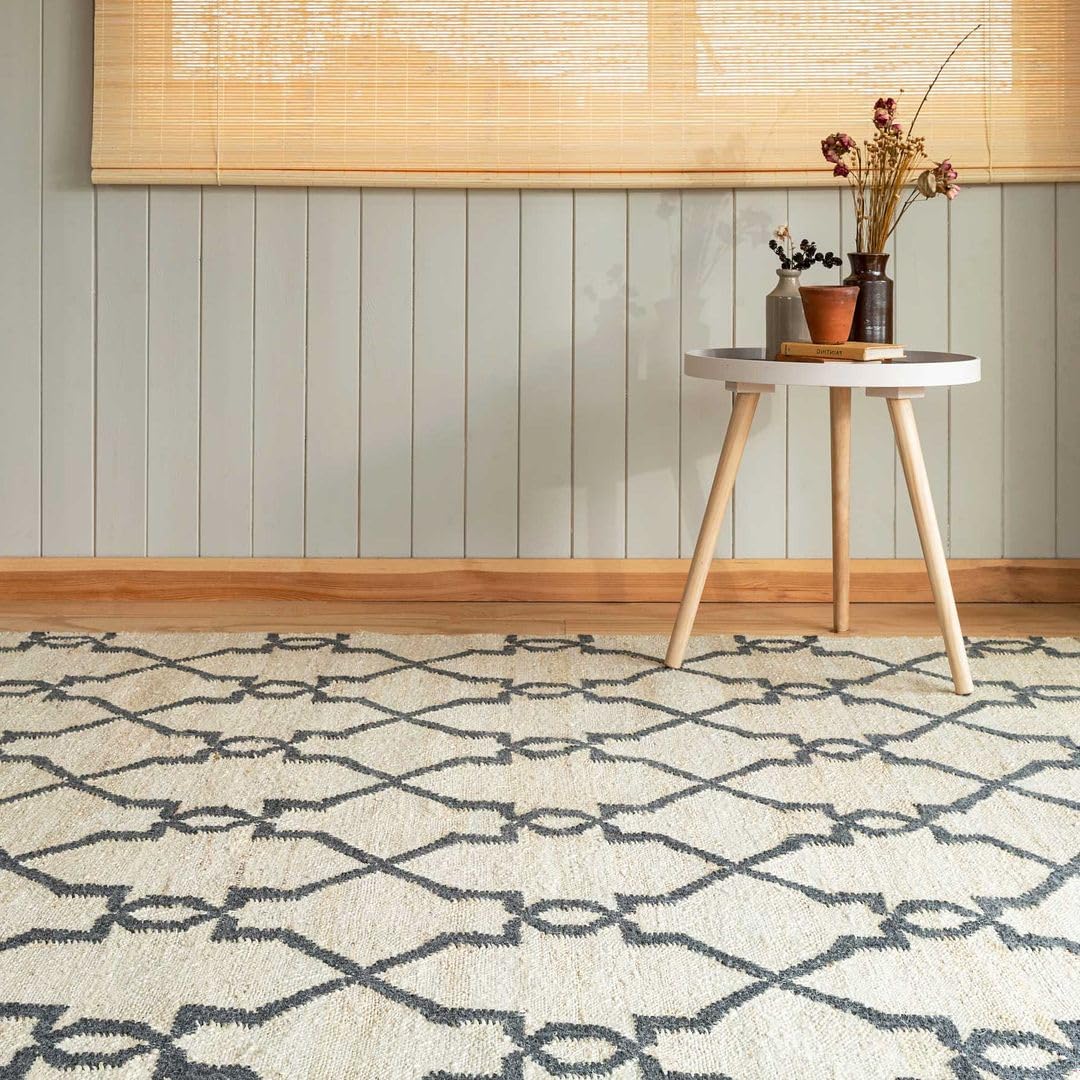 100% Natural Cream Trellis Jute Rug Soft Flatweave Handmade Flatwoven Rattan Mat Eco Friendly Sustainable Durable Kitchen Utility Hallway Living Room Carpet Area Rugs 160cm x 230cm