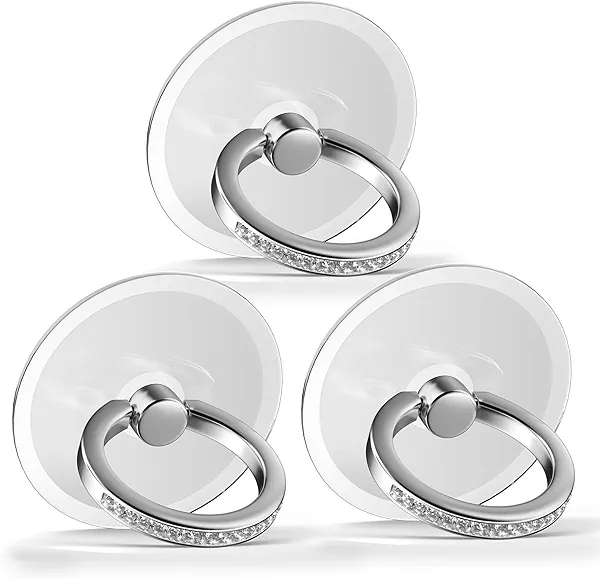 Finger Ring Stands Set Cellphone Ring Holder Transparent Phone Holder 360° Rotation Ring Stand Clear Cell Phone Kickstand Compatible with Most of Phones, Tablets, 3 Pack of Round Silver