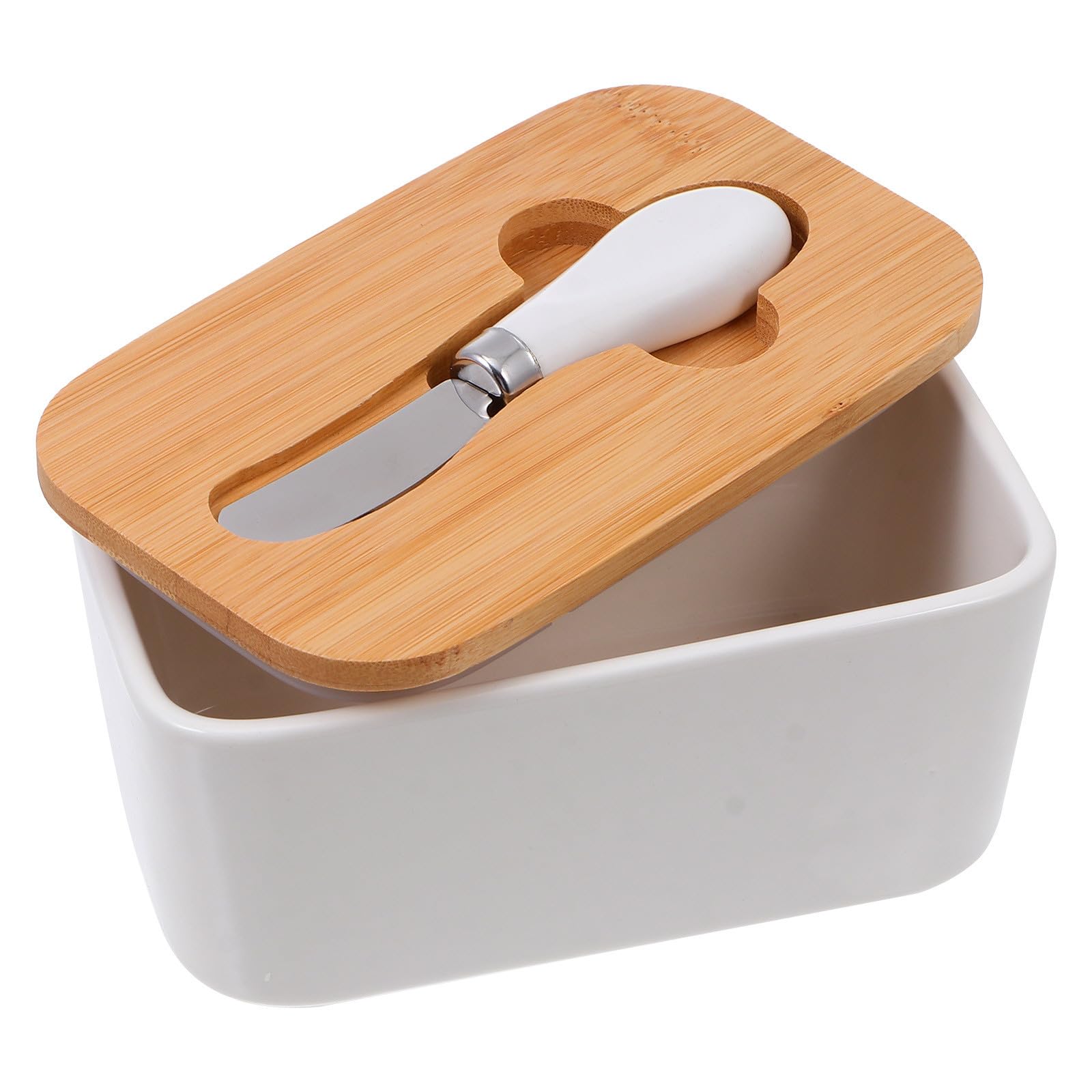 Caja de mantequilla de cerámica blanca con cortador de acero inoxidable y tapa de bambú natural