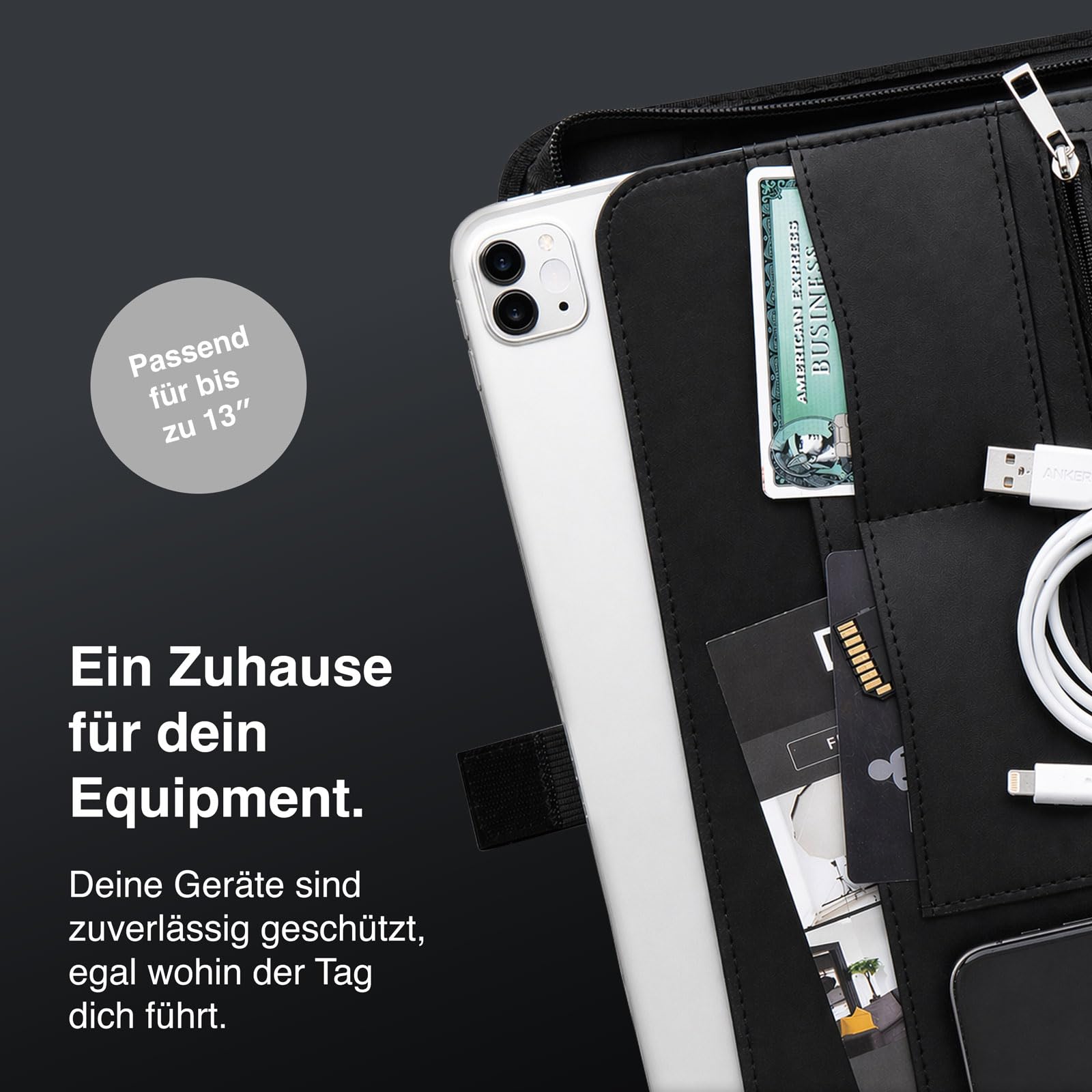 Vebon® Schreibmappe A4 groß Rom I Doppel Reißverschluss + Klemmbrett I Konferenzmappe + Laptoptasche I extra Stauraum I Schwarz Kunstleder (Saphirblau)