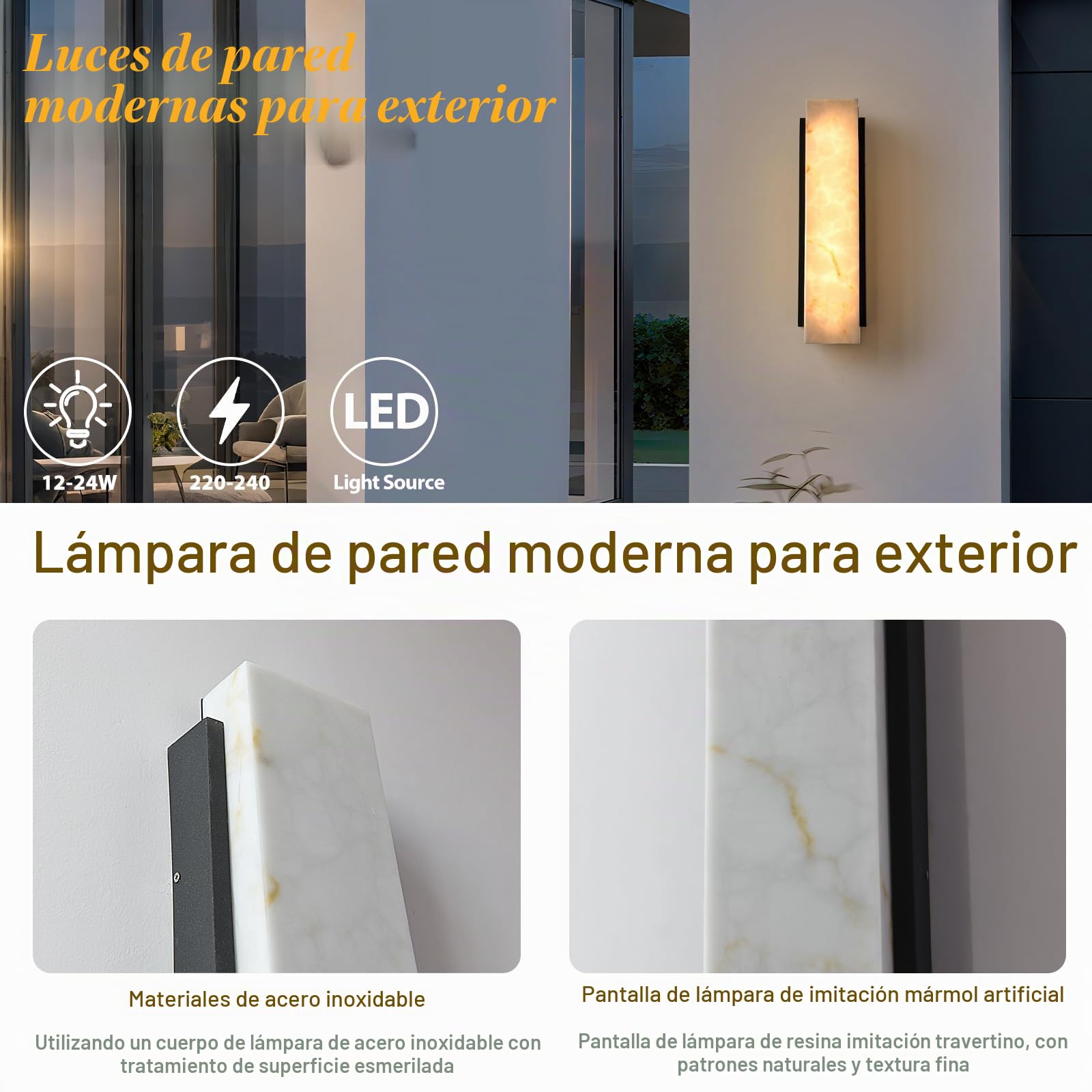 Aplique Pared Exterior Resistente Al Agua,Led Moderna Rectangular Luces De Pared ImitacióN De MáRmol,Jardin Acero Inoxidable Engrosado LáMpara De Pared Exterior,Per Puerta De La Villa 45Cm