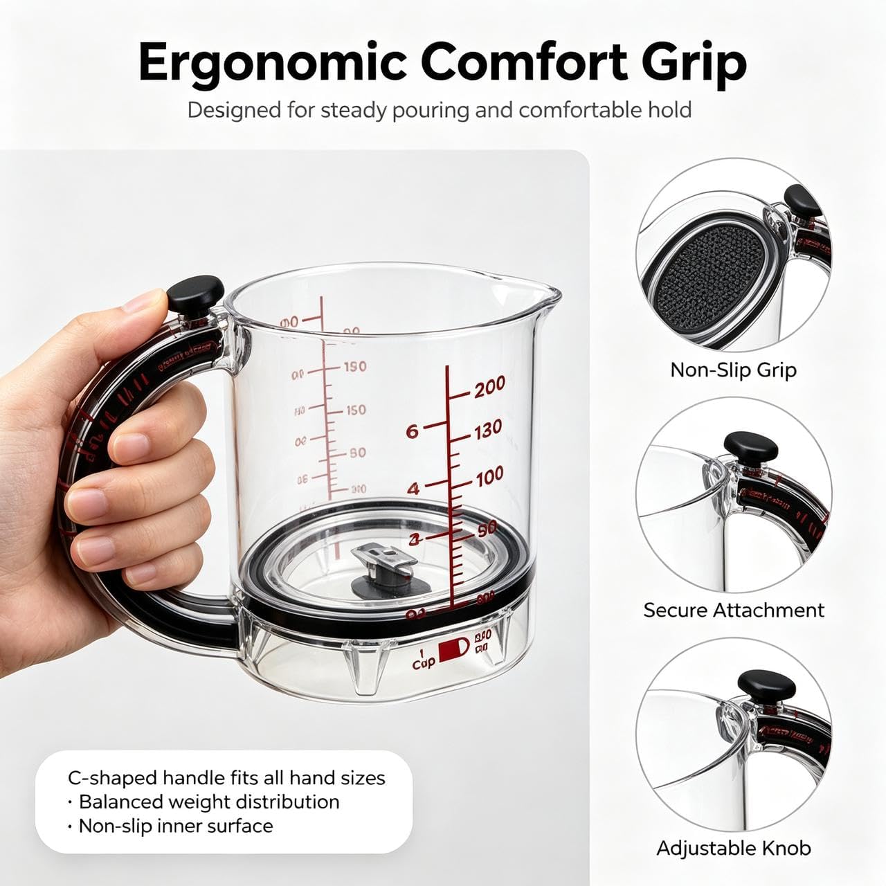 4 in 1 Adjustable Measuring Cup with Self-Cleaning Scraper Base, Space-Saving Kitchen Tool with 1/4 to 1 Cup Capacity for Baking Cooking & Meal Prep