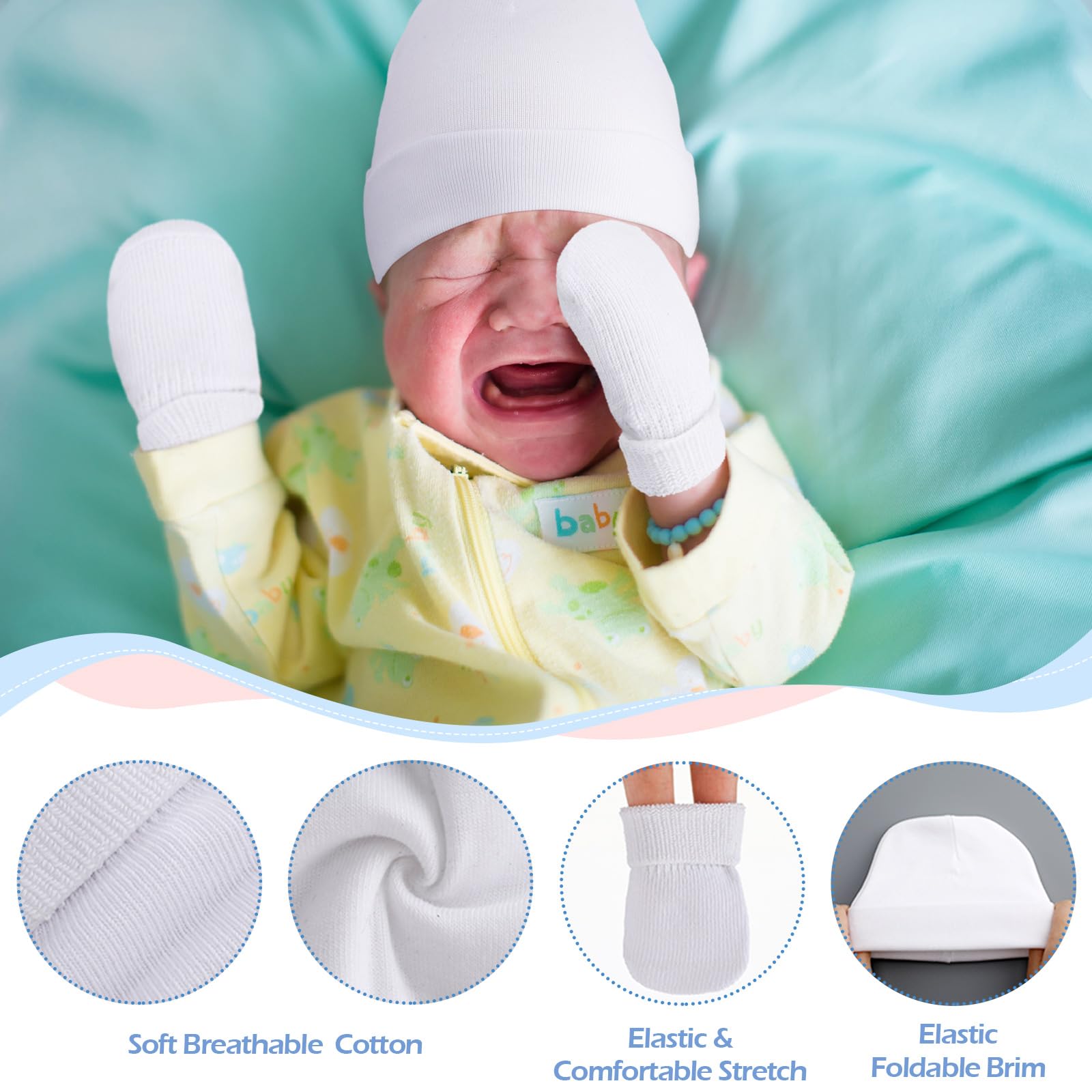 Hercicy 4 Stück Frühchen Baumwolle Mütze und Fäustlinge Anti Kratzer Fäustlinge Baby Fäustlinge Nicu Krankenhauskappe Frühchen Jungen Mädchen Weiß Hellrosa Hellviolett Rosa Rot Gr