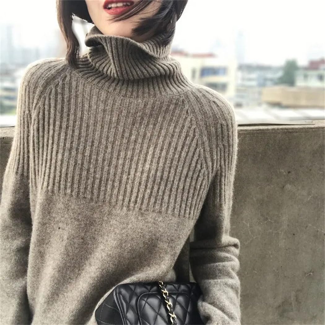 Maglione di lana spessa da donna a maniche lunghe a collo alto pullover invernale tinta unita elasticizzato a righe in maglia allentata