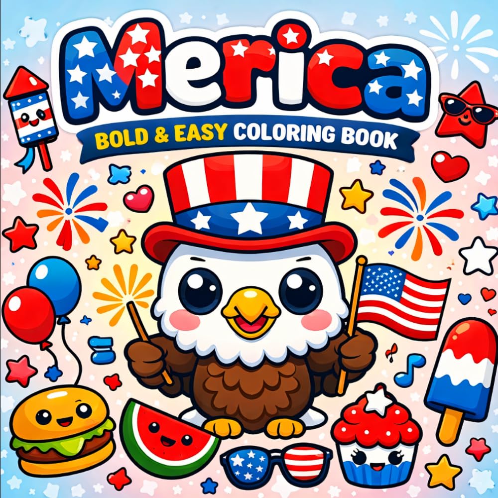 Merica: Bold & Easy Coloring Book: Fun & Simple Patriotic 4th of July Designs with Stars, Flags, Fireworks & Cute USA-Themed Illustrations for Relaxing Creativity