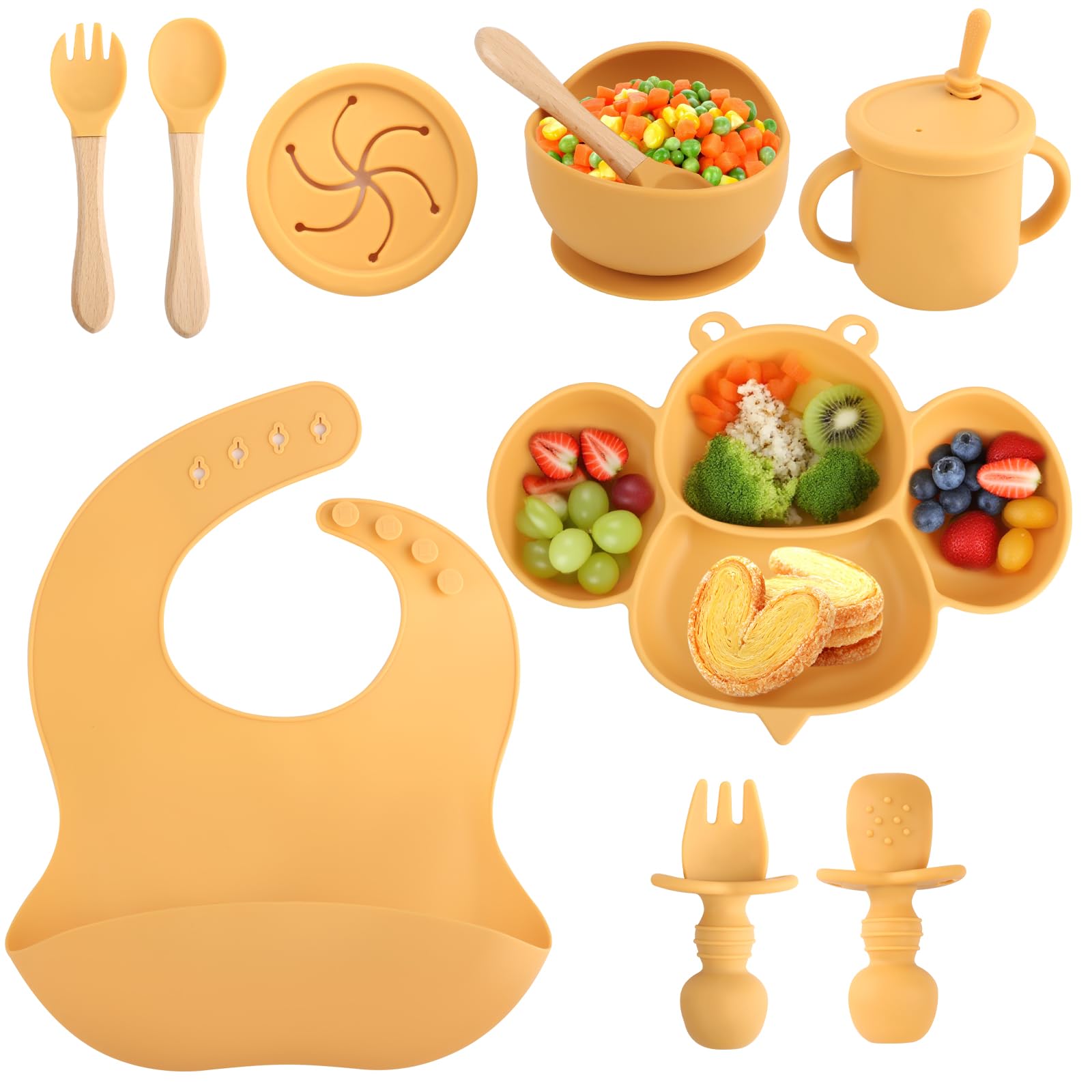 Set Repas Bébé,Silicone Antidérapant avec Ventouse, 8 pièces : Assiette Bebe Ventouse, Assiette pour Enfant avec Ventouse, Gobelet en Silicone, Cuillère, Fourchette, Bavoir, Gobelet, Jaune